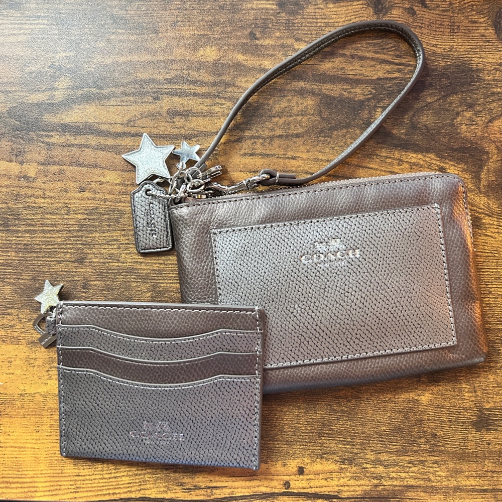 Coach Shimmering Silver Wristlet and Card Holder